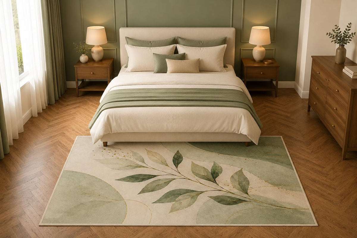 ICE ARMOR 5' x 7' Sage Green Botanical Leaf Area Rug, Modern Abstract Nature Living Room Bedroom Decor, Non-Slip Silicone Backing Low Pile Carpet