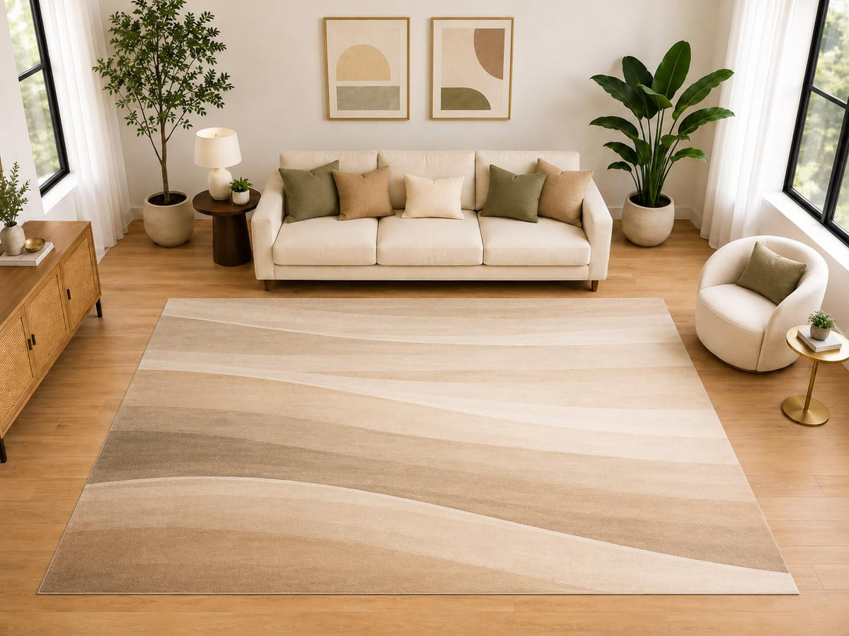 ICE ARMOR "Ultra Light Weight Large 6'7" x 9'10" Abstract Wave Area Rug for Living Room and Office, Soft Low Pile Indoor Rug and Non-Slip Silicone Backing, Beige