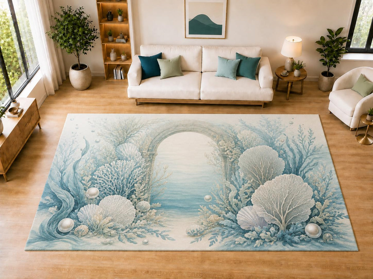 ICE ARMOR "Ultra Light Weight Large 6'7" x 9'10" Underwater Arch Reef Area Rug for Dining, Living Room, Bedroom, Soft Low Pile Indoor Rug with Non-Slip Silicone Backing, Aqua Ivory