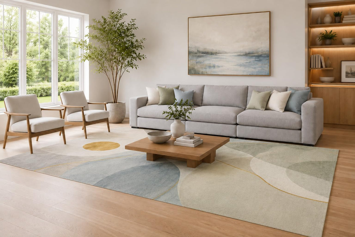 ICE ARMOR Large 6'7" x 9'10" Sage Green and Gray Modern Abstract Shapes Area Rug for Living Room, Soft Low Pile Carpet with Non-Slip Silicone Backing, Decor for Bedroom and Home Office