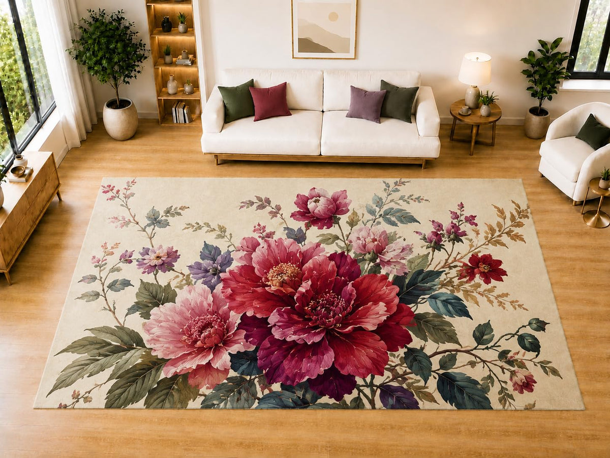 ICE ARMOR "Ultra Light Weight Large 6'7" x 9'10" Peony Bouquet Area Rug for Living Room Bedroom Dining Room, Soft Low Pile Non-Slip Backing, Burgundy Pink Purple Green Botanical Decor