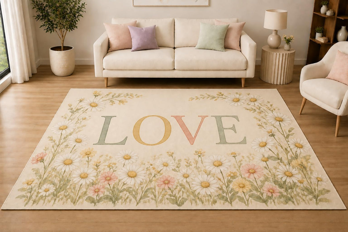 ICE ARMOR 5' x 7' Daisy Garden Love Area Rug, Soft Low Pile Indoor Rug with Non-Slip Silicone Backing for Living Room, Bedroom, Nursery, Kids Room, Kids & Pets, Cream White Yellow