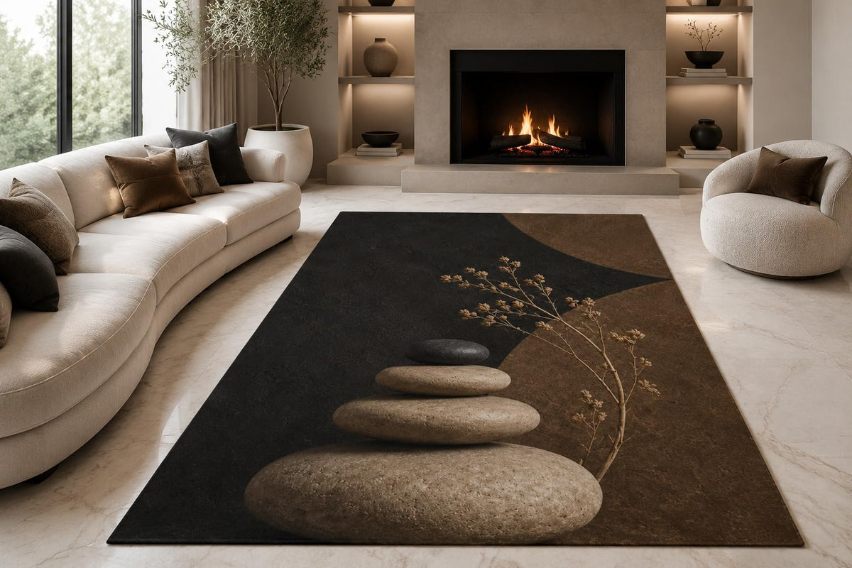 ICE ARMOR "Ultra Lightweight Large 6'7" x 9'10" Zen Stones Branch Area Rug for Living Room, Bedroom and Home Office, Soft Low Pile Carpet with Non-Slip Silicone Backing, Black and Beige