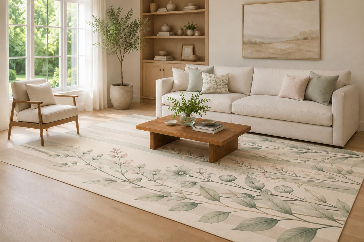 ICE ARMOR Large 6'7" x 9'10" Ivory and Sage Quiet Stem Area Rug for Living Room, Soft Low Pile Carpet with Non-Slip Silicone Backing, Decor for Bedroom, Dining Area and Home Office