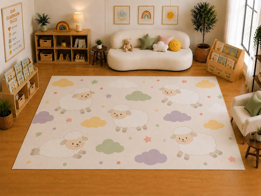ICE ARMOR Large 6'7" x 9'10" Cute Sheep and Clouds Area Rug for Kids Room, Classroom, Bedroom, Playroom Decor, Soft Low Pile Indoor Rug with Non-Slip Silicone Backing, Pastel Multicolor