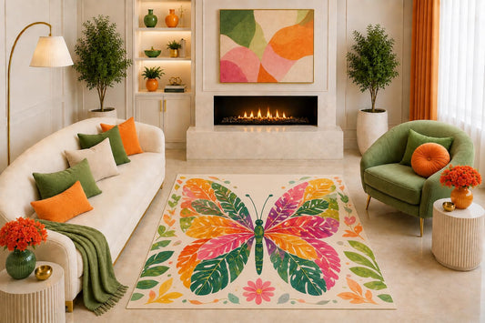 ICE ARMOR "Ultra Light Weight 5' x 7' Colorful Butterfly Area Rug Tropical Botanical Leaf Art Decor for Living Room Bedroom Kids Room Nursery Non-Slip Silicone Backing Low Pile