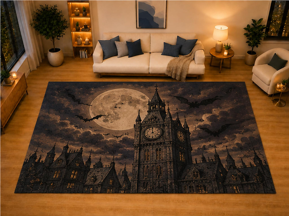 ICE ARMOR "Ultra Light Weight Large 6'7" x 9'10" Gothic Clock Tower Full Moon Bat Area Rug for Living Room Bedroom, Soft Low Pile Non-Slip Backing, Black Brown Victorian Halloween Decor