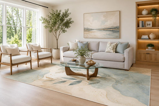 ICE ARMOR Large 6'7" x 9'10" Light Blue and Cream Watercolor Leaf Drift Area Rug for Living Room, Soft Low Pile Carpet with Non-Slip Silicone Backing, Decor for Bedroom and Home Office