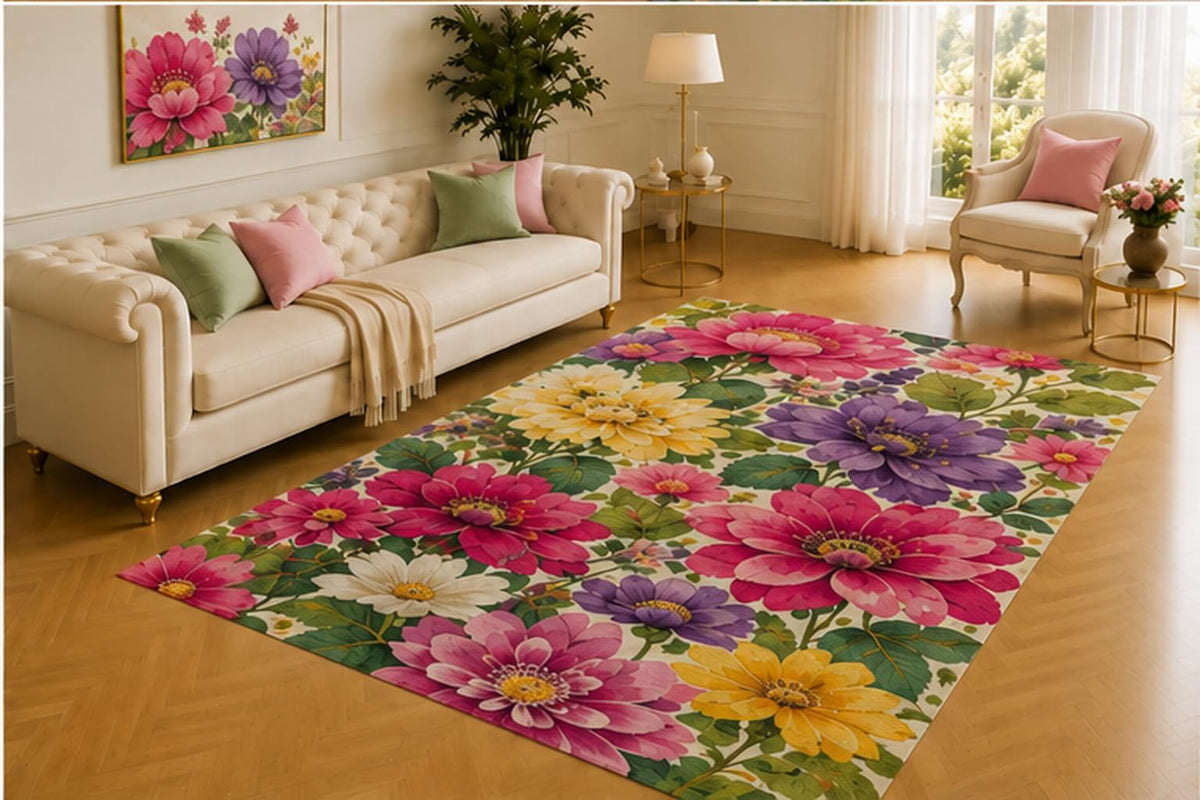 ICE ARMOR 5' x 7' Bright Floral Garden Rug, Large Pink, Purple, Yellow and White Blooms with Green Leaves, Lively Decor for Living Room, Bedroom or Studio