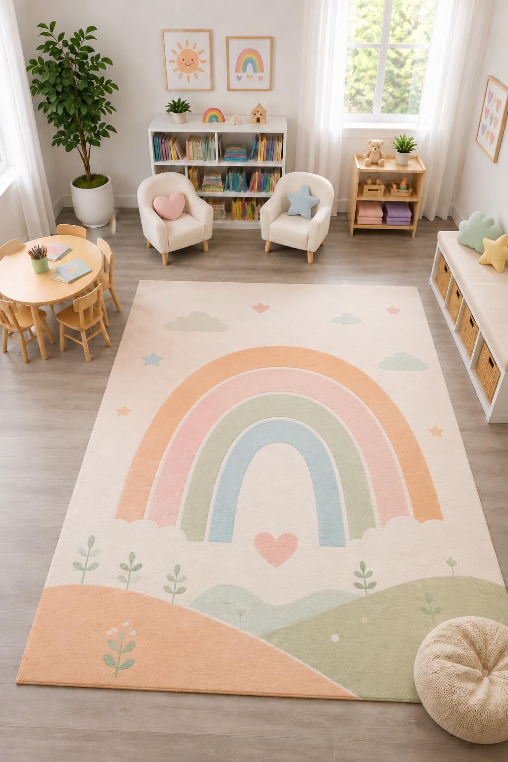 ICE ARMOR "Ultra Light Weight Large 6'7" x 9'10" Pastel Rainbow Hills Rug, Soft Low Pile Indoor Rug, Non-Slip Silicone Backing for Nursery Peach