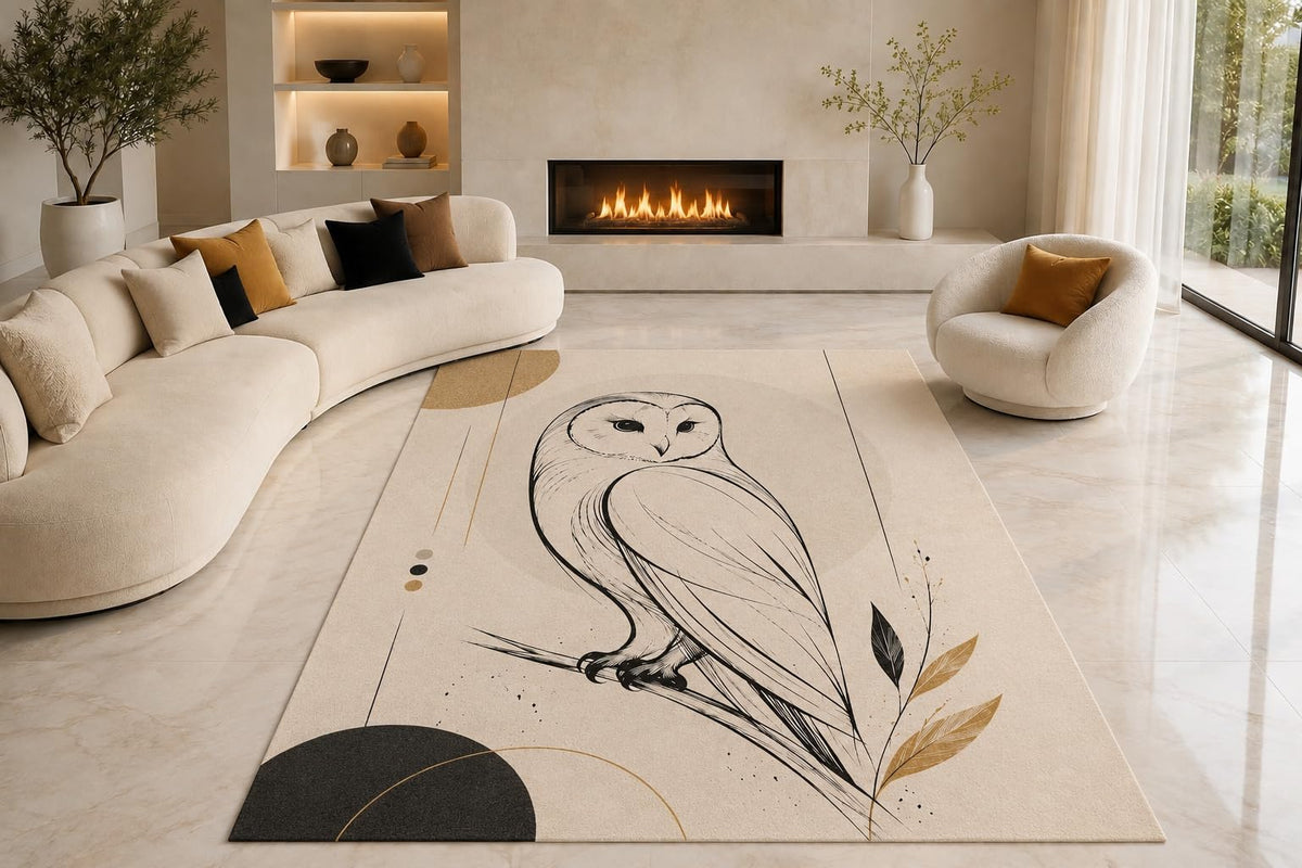 ICE ARMOR "Ultra Lightweight Large 6'7" x 9'10" Perched Owl Sketch Area Rug for Living Room, Bedroom and Home Office, Soft Low Pile Carpet with Non-Slip Silicone Backing, Beige and Black