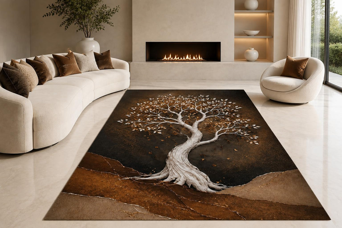 ICE ARMOR "Ultra Lightweight Large 6'7" x 9'10" White Tree Roots Area Rug for Living Room, Bedroom and Home Office, Soft Low Pile Carpet with Non-Slip Silicone Backing, Brown and White
