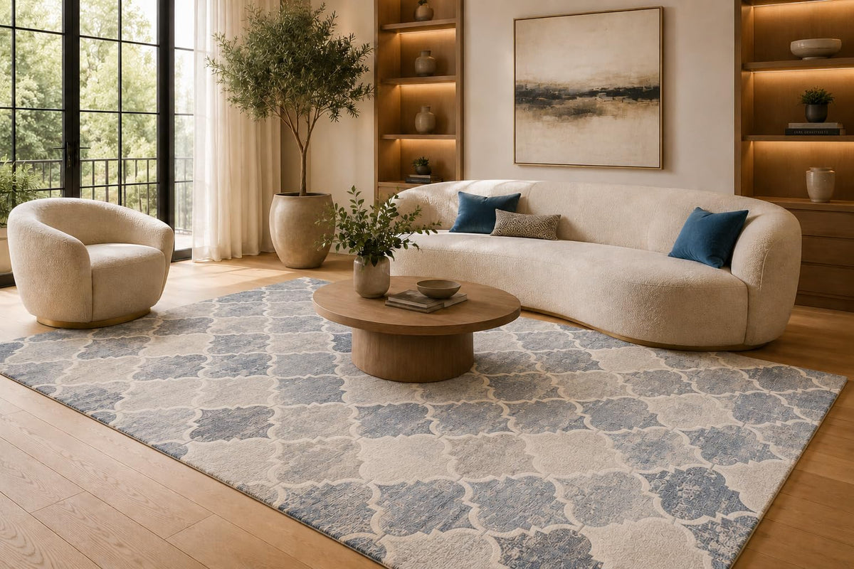 ICE ARMOR 6'7" x 9'10" Blue and Cream Quatrefoil Pattern Area Rug for Living Room, Soft Low Pile Carpet with Non-Slip Silicone Backing, Floor Decor for Bedroom, Dining Area and Home Office