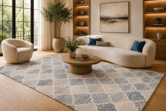 ICE ARMOR 6'7" x 9'10" Blue and Cream Quatrefoil Pattern Area Rug for Living Room, Soft Low Pile Carpet with Non-Slip Silicone Backing, Floor Decor for Bedroom, Dining Area and Home Office