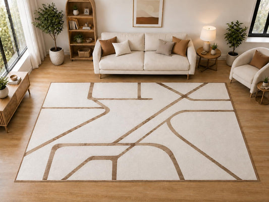 ICE ARMOR "Ultra Light Weight Large 6'7 x 9'10 Beige Abstract Line Pattern Area Rug for Living Room Bedroom Dining Room Soft Low Pile Indoor Carpet Modern Minimalist Floor Decor