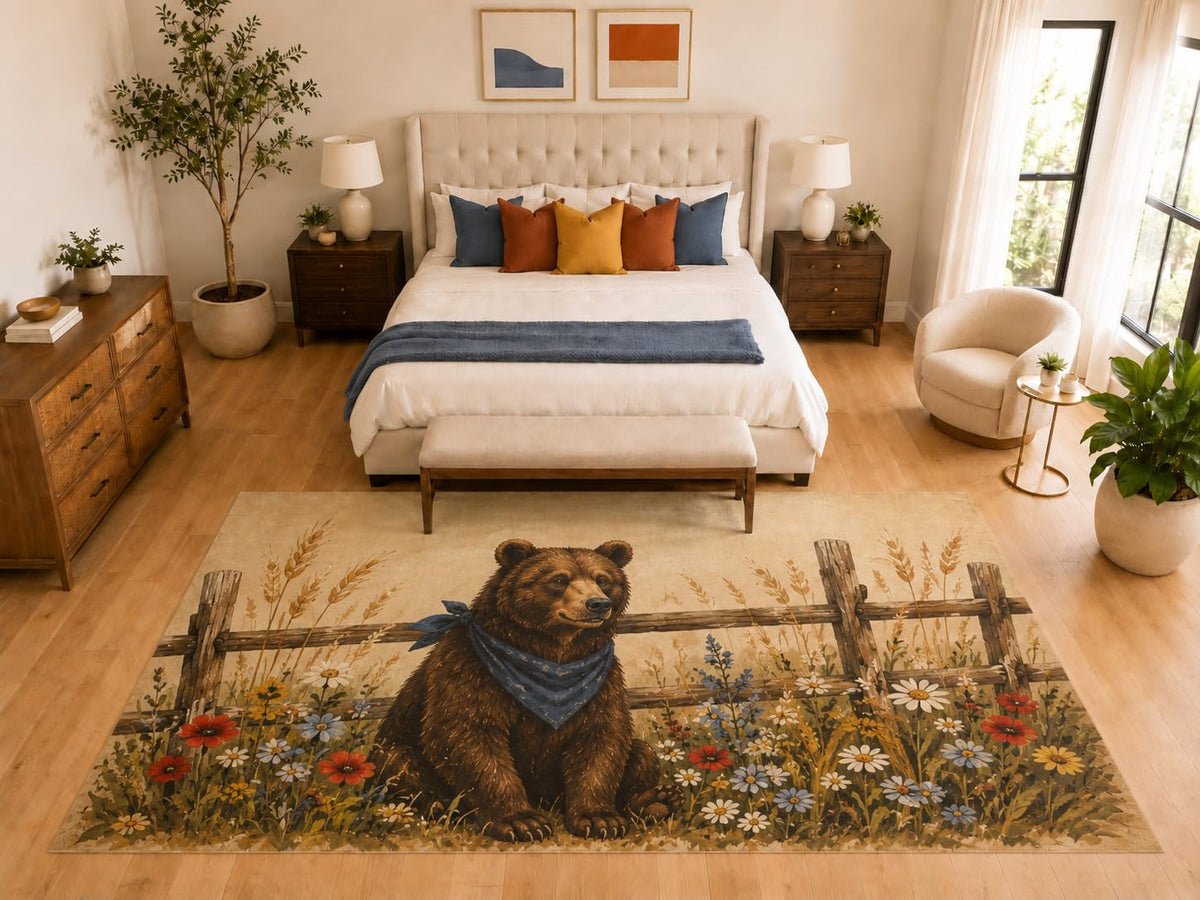 ICE ARMOR "Ultra Light Weight Large 6'7" x 9'10" Bear Wildflower Area Rug, Soft Low Pile Indoor Rug, Non-Slip Silicone Backing, Family Room, Beige