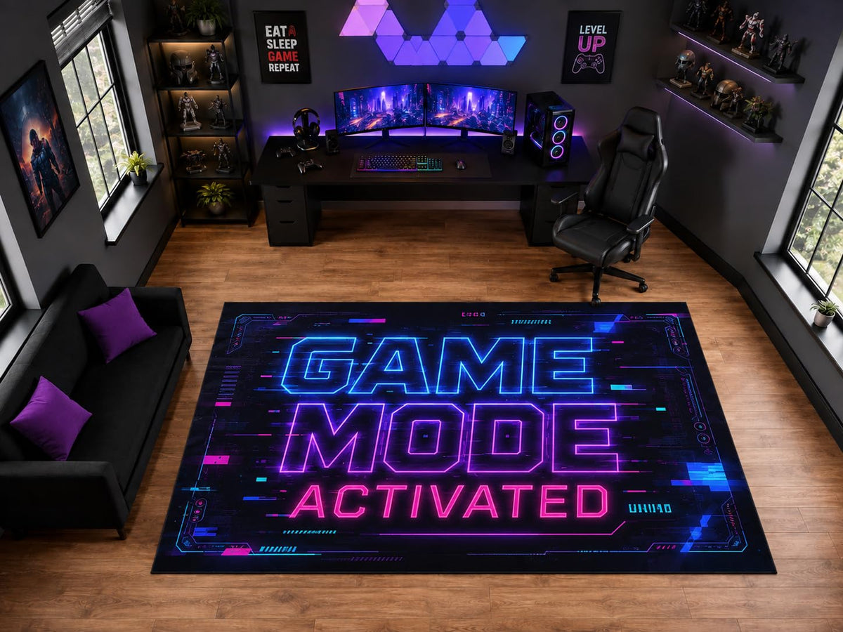 ICE ARMOR "Ultra Light Weight Large 6'7" x 9'10" Game Mode Activated Neon Area Rug for Playroom Decor, Soft Low Pile Indoor Rug with Non-Slip Silicone Backing, Black Pink Blue
