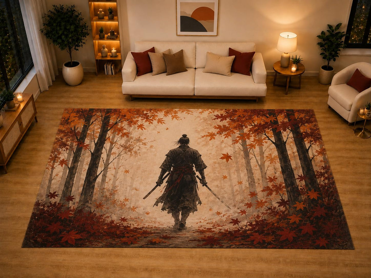 ICE ARMOR "Ultra Light Weight Large 6'7" x 9'10" Autumn Forest Swordsman Area Rug for Living Room Bedroom Dining Area, Soft Low Pile Non-Slip Backing, Beige Orange Black Asian Inspired Decor
