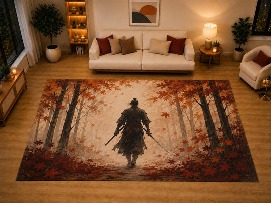 ICE ARMOR "Ultra Light Weight Large 6'7" x 9'10" Autumn Forest Swordsman Area Rug for Living Room Bedroom Dining Area, Soft Low Pile Non-Slip Backing, Beige Orange Black Asian Inspired Decor