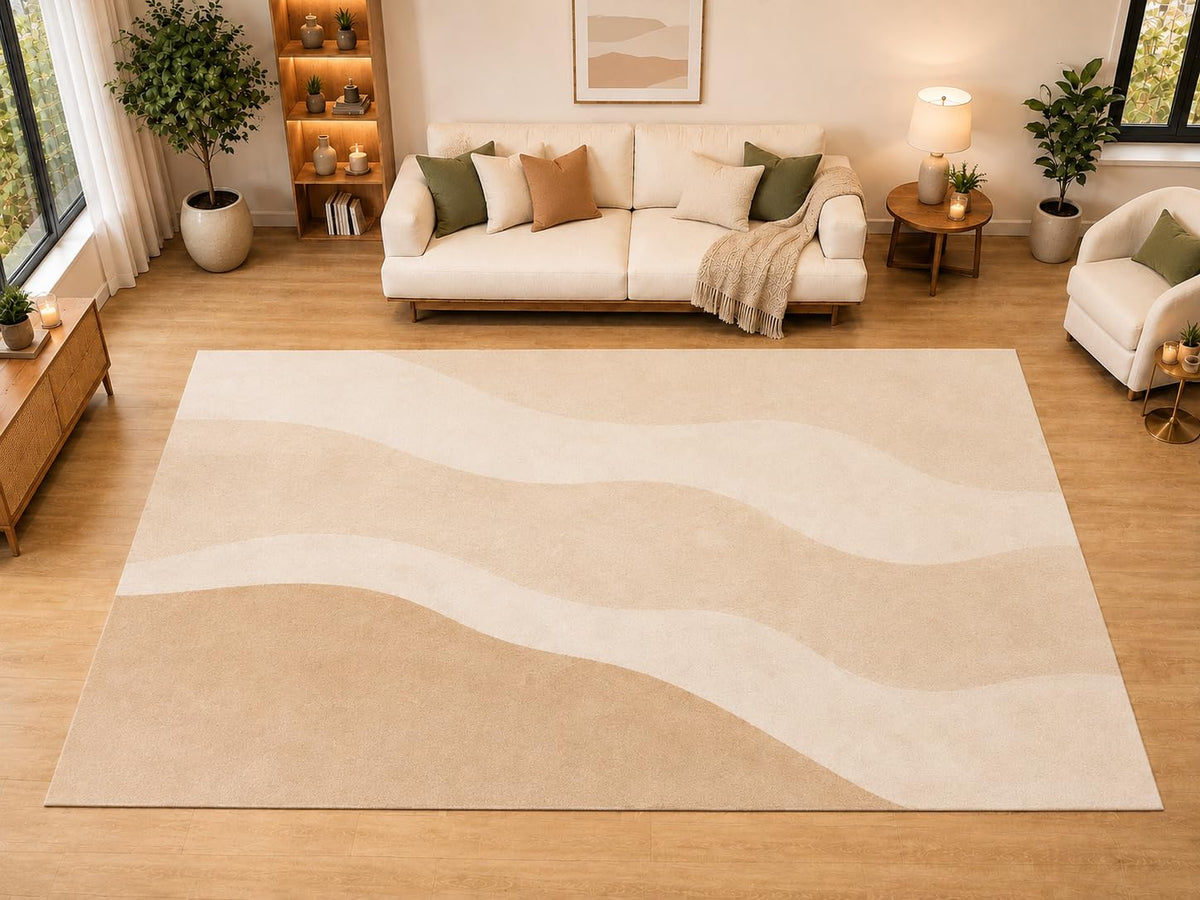ICE ARMOR "Ultra Light Weight Large 6'7" x 9'10" Minimalist Wavy Stripe Area Rug for Living Room, Bedroom, Dining Room, Soft Low Pile Non-Slip Backing, Cream Beige