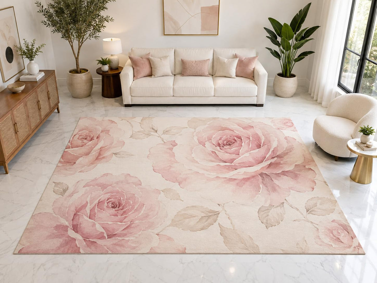 ICE ARMOR "Ultra Light Weight Large 6'7" x 9'10" Pink Rose Floral Rug, Soft Low Pile Indoor Rug, Non-Slip Silicone Backing for Living Room Pink Cream