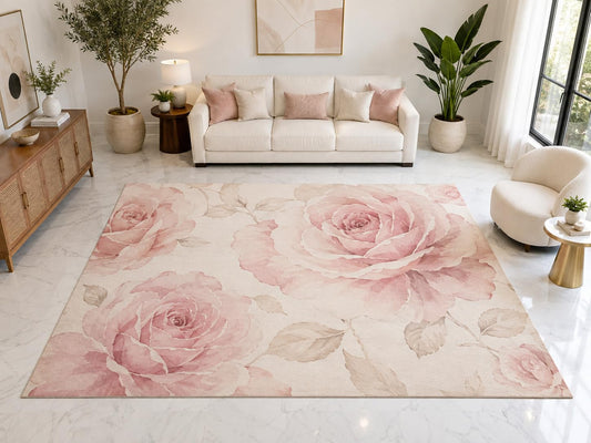 ICE ARMOR "Ultra Light Weight Large 6'7" x 9'10" Pink Rose Floral Rug, Soft Low Pile Indoor Rug, Non-Slip Silicone Backing for Living Room Pink Cream