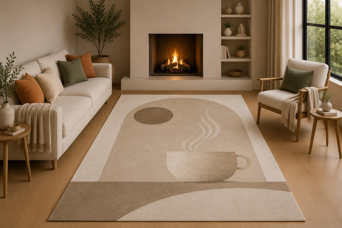 ICE ARMOR 5' x 7' Minimalist Coffee Cup Area Rug with Non-Slip Silicone Backing Low Pile Soft Carpet for Kitchen Dining Room Coffee Bar Neutral Decor