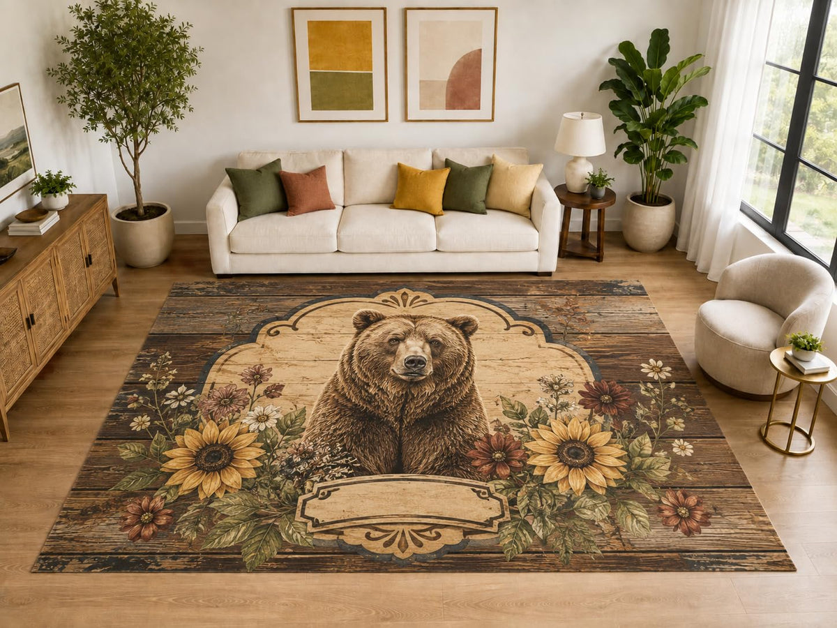ICE ARMOR "Ultra Light Weight Large 6'7" x 9'10" Bear Floral Sign Area Rug, Soft Low Pile Indoor Rug, Non-Slip Silicone Backing, Family Room, Brown