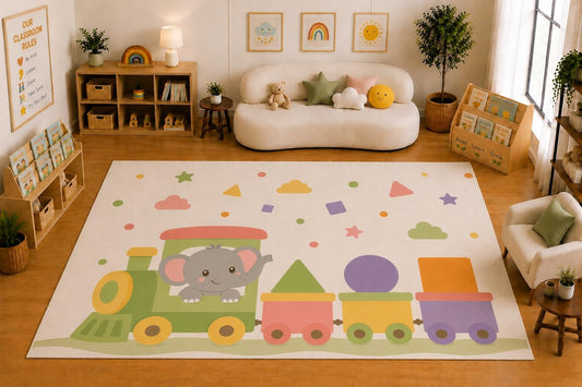 ICE ARMOR Large 6'7" x 9'10" Elephant Train and Shapes Area Rug for Kids Room, Classroom, Bedroom, Playroom Decor, Soft Low Pile Indoor Rug with Non-Slip Silicone Backing, Pastel Multicolor