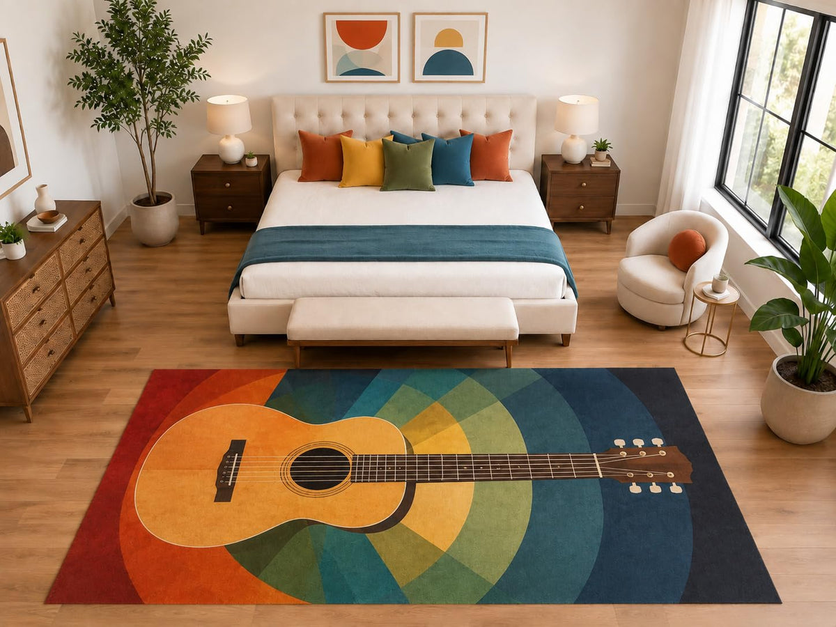 ICE ARMOR "Ultra Light Weight Large 6'7" x 9'10" Retro Acoustic Guitar Rug, Soft Low Pile Indoor Rug, Non-Slip Silicone Backing for Bedroom Orange