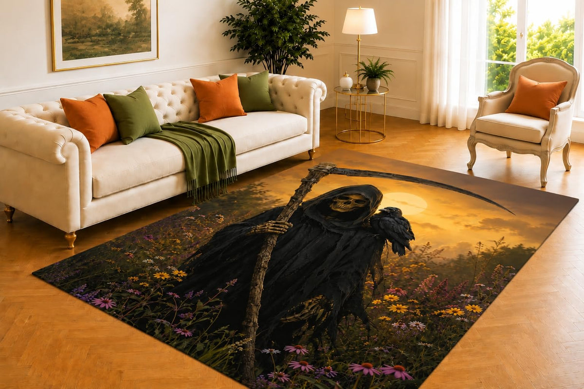 ICE ARMOR 5' x 7' Grim Reaper Raven Rug, Crescent Moon and Thorn Branch Artwork, Smooth Printed Floor Cover for Library, Office, Lounge and Gothic Decor