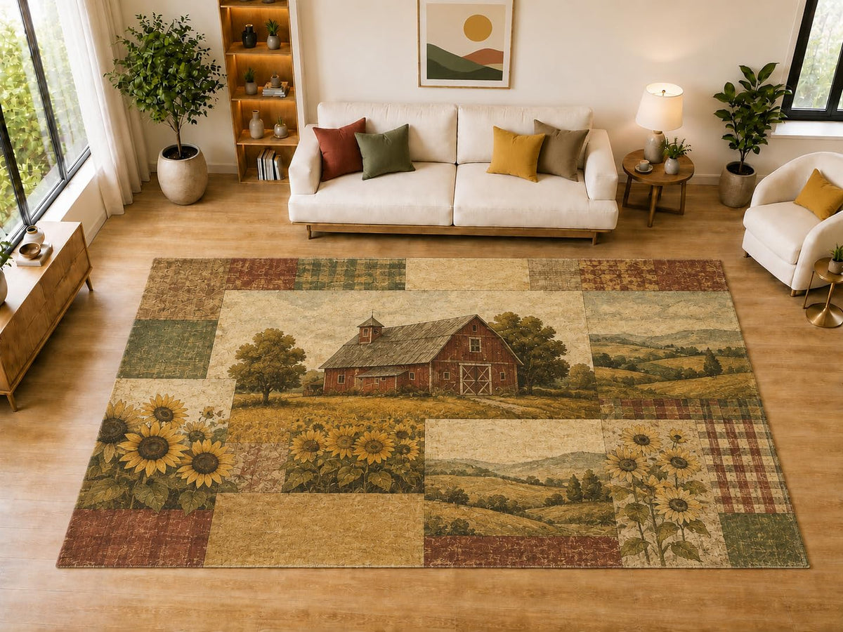 ICE ARMOR "Ultra Light Weight Large 6'7" x 9'10" Red Barn Sunflowers Area Rug for Dining, Living Room, Bedroom, Soft Low Pile Indoor Rug with Non-Slip Silicone Backing, Rust Beige