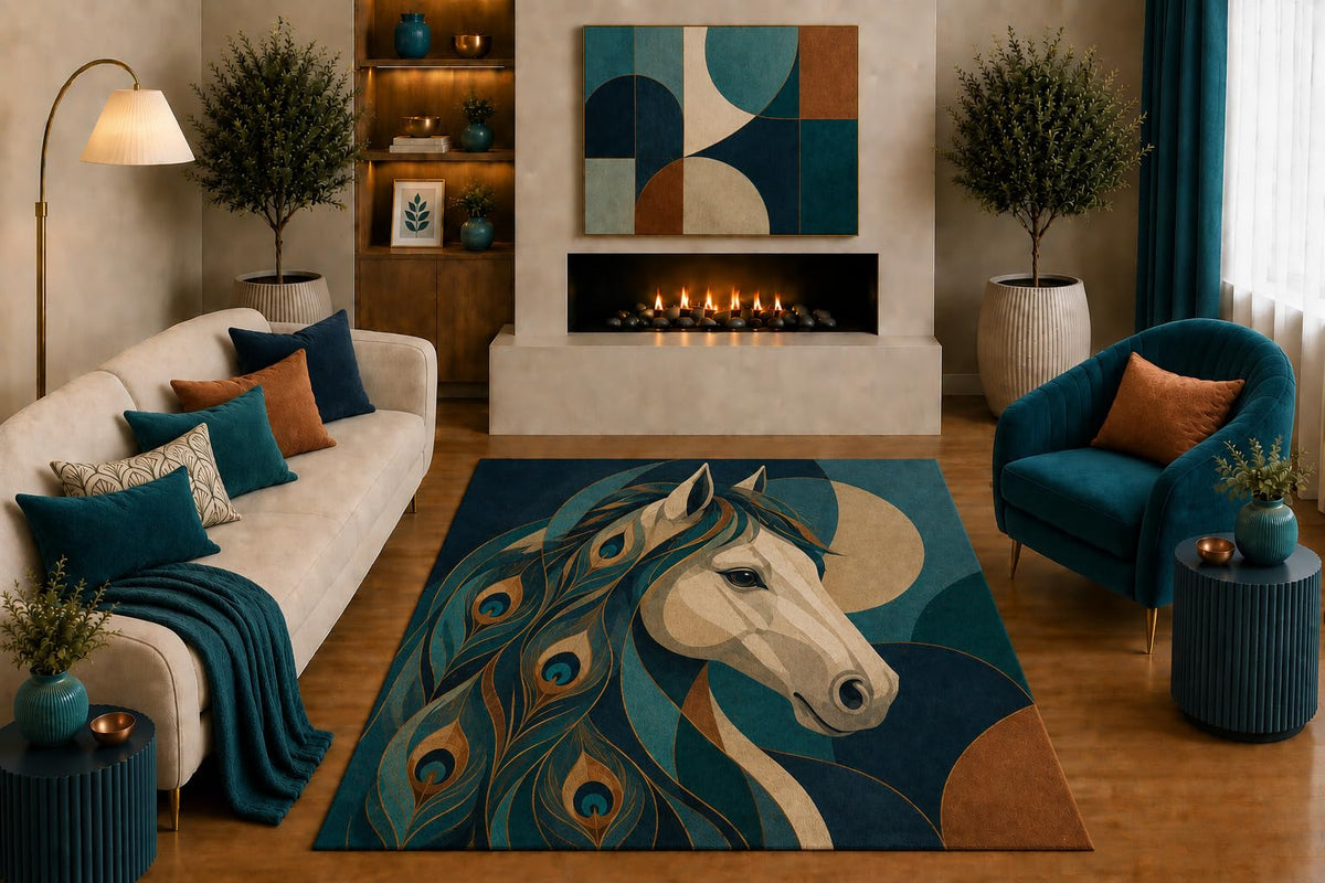 ICE ARMOR "Ultra Light Weight 5' x 7' Horse Portrait Area Rug Peacock Feather Inspired Equestrian Art for Living Room Bedroom Office Decor Non-Slip Silicone Backing Low Pile