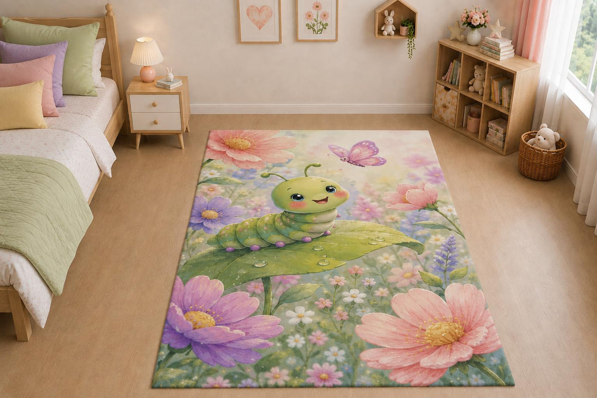 ICE ARMOR "Ultra Thin 5' x 7" Happy Caterpillar Area Rug for Living Room, Bedroom and Home Office, Soft Low Pile Carpet with Non-Slip Silicone Backing, Green and Pink