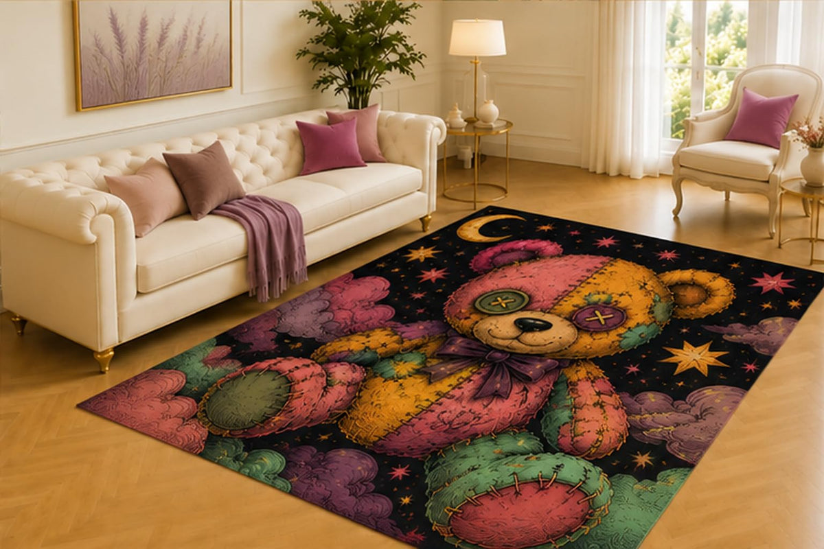 ICE ARMOR 5' x 7' Creepy Teddy Bear Rug, Button Eye Patchwork and Celestial Artwork, Smooth Printed Floor Cover for Nursery, Playroom, Bedroom and Oddity Decor