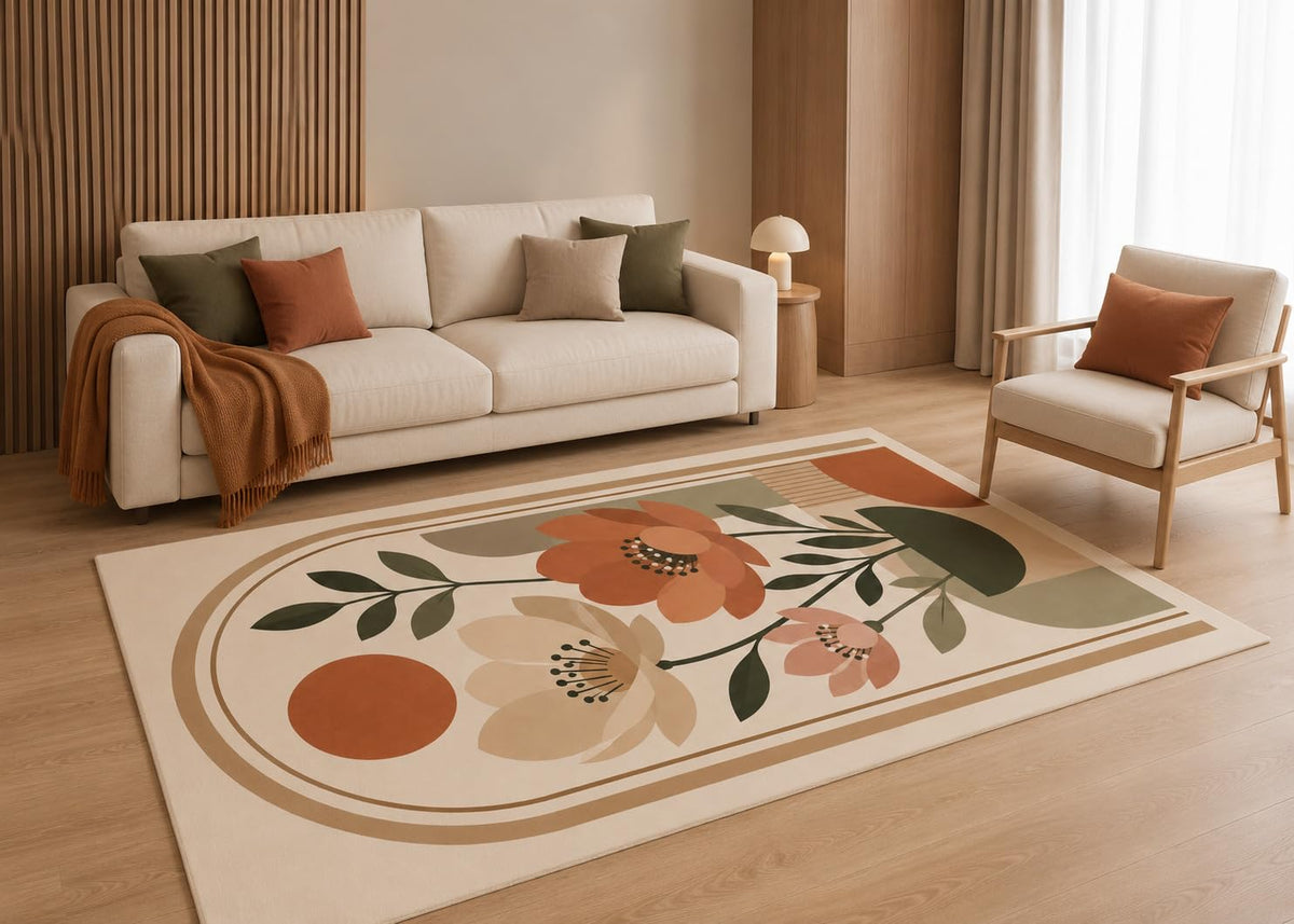 ICE ARMOR 5' x 7' Modern Floral Botanical Area Rug with Non-Slip Silicone Backing Low Pile Soft Carpet for Living Room Bedroom Nursery Retro Bloom Decor