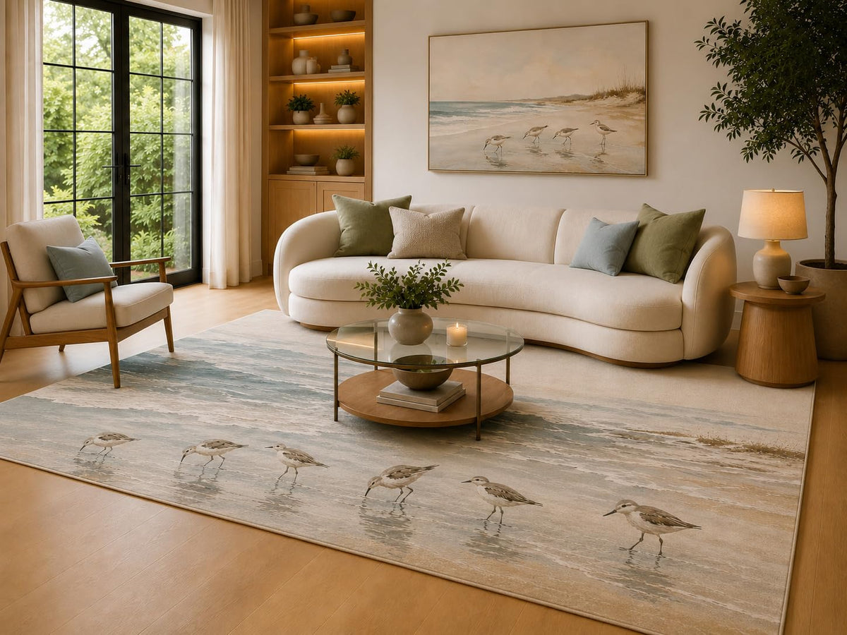 ICE ARMOR 6'7" x 9'10" Cream, Sand and Blue Gray Shorebird Beach Area Rug for Living Room, Soft Low Pile Carpet with Non-Slip Backing for Bedroom, Dining Room and Office