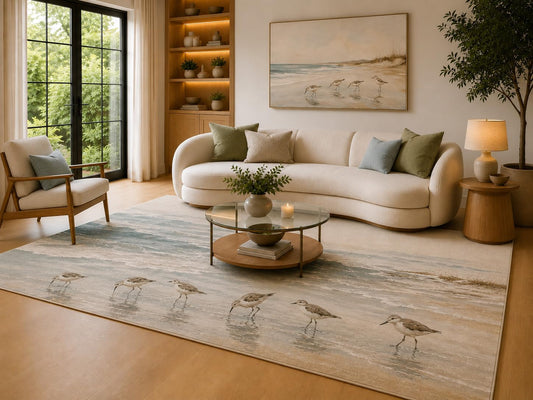 ICE ARMOR 6'7" x 9'10" Cream, Sand and Blue Gray Shorebird Beach Area Rug for Living Room, Soft Low Pile Carpet with Non-Slip Backing for Bedroom, Dining Room and Office
