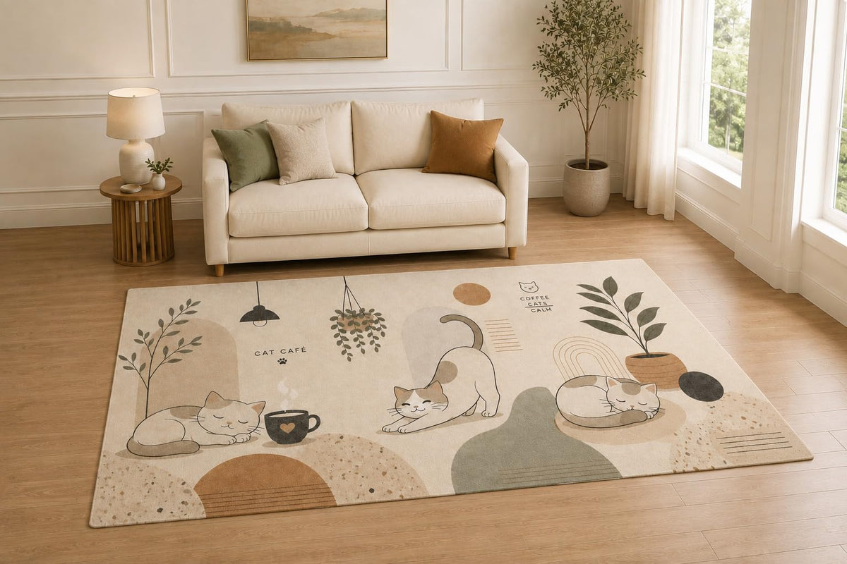 ICE ARMOR "Ultra Light Weight 5' x 7' Cozy Cat Cafe Area Rug for Living Room, Bedroom and Home Office, Soft Low Pile Carpet with Non-Slip Silicone Backing, Beige and Sage