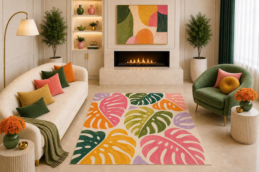 ICE ARMOR "Ultra Light Weight 5' x 7' Colorful Monstera Leaf Area Rug Modern Tropical Botanical Art Decor for Living Room Bedroom Sunroom Office Non-Slip Silicone Backing Low Pile