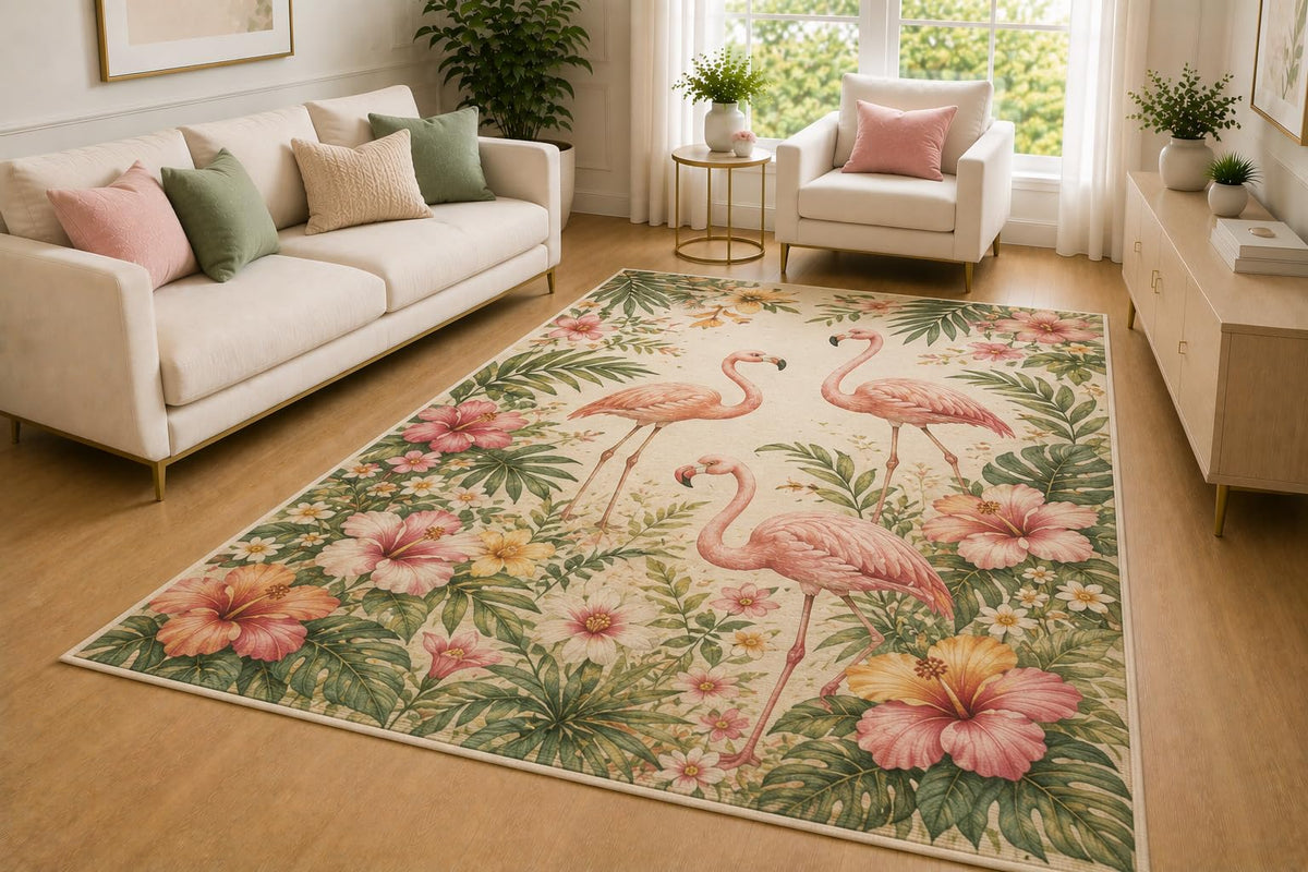 ICE ARMOR 5' x 7' Tropical Flamingo Hibiscus Area Rug for Living Room, Soft Low Pile Indoor Rug with Non-Slip Silicone Backing, Botanical Carpet for Bedroom, Office, Family Room, Pink Green Yellow