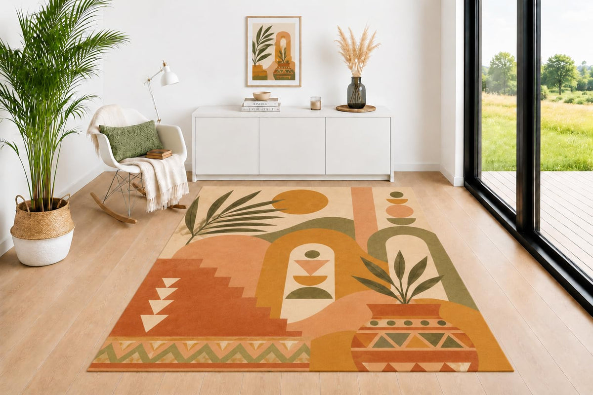 ICE ARMOR 5' x 7' Desert Botanical Area Rug, Arch Vase Nature Inspired Pattern in Neutral Earth Tone Colors, Floor Carpet for Living Room Bedroom Entryway Office