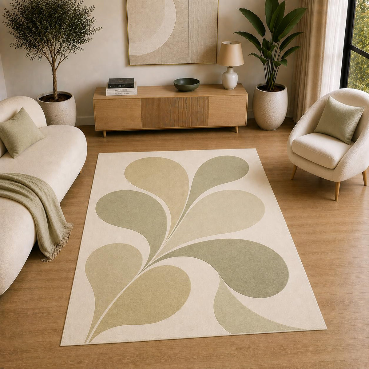 ICE ARMOR 5' x 7' Modern Botanical Leaf Area Rug for Living Room, Soft Low Pile Indoor Rug with Non-Slip Silicone Backing, Decorative Carpet for Bedroom, Nursery, Family Room, Sage Green