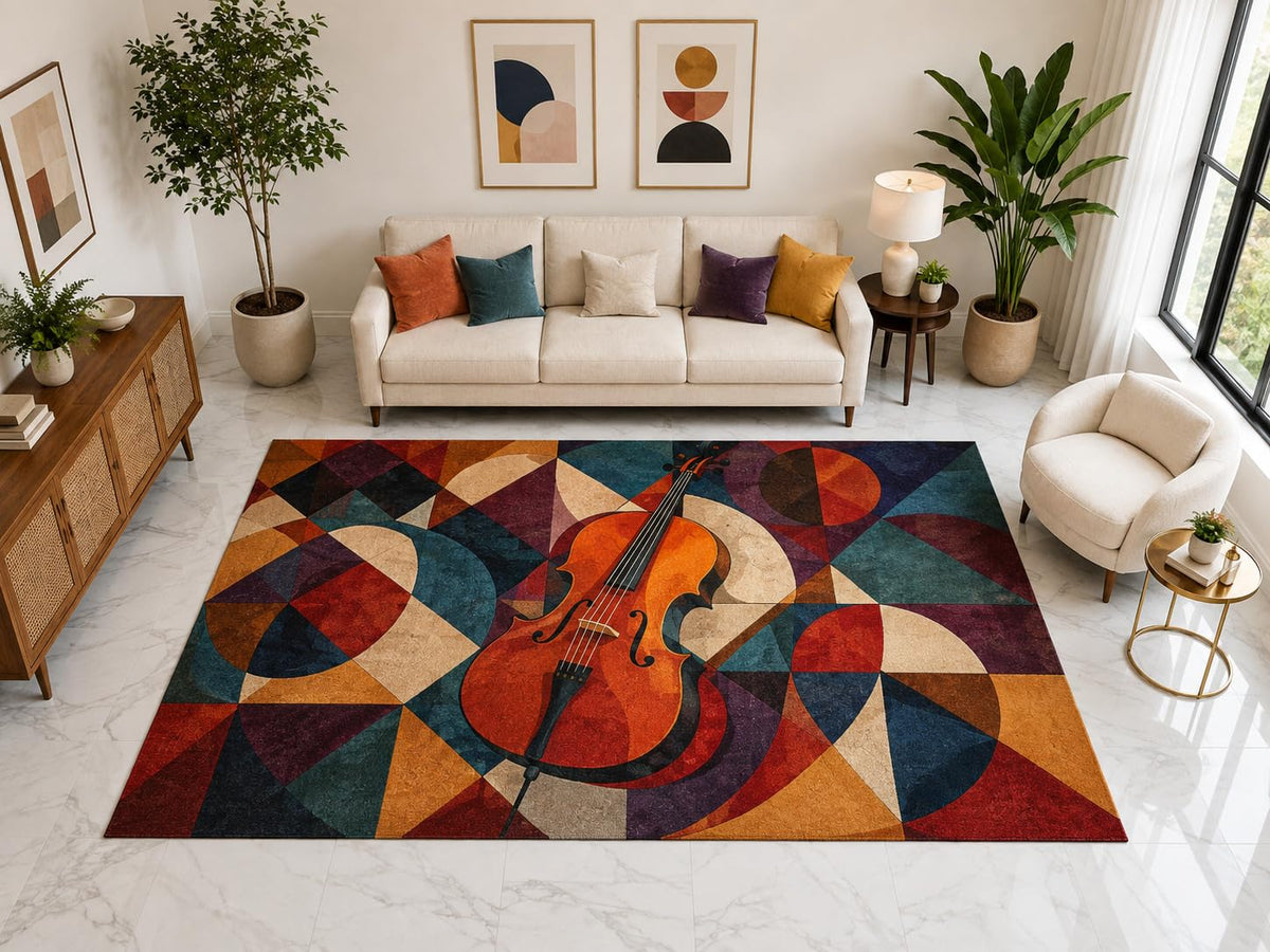 ICE ARMOR "Ultra Light Weight Large 6'7" x 9'10" Violin Mosaic Rug, Soft Low Pile Indoor Rug, Non-Slip Silicone Backing for Living Room Orange