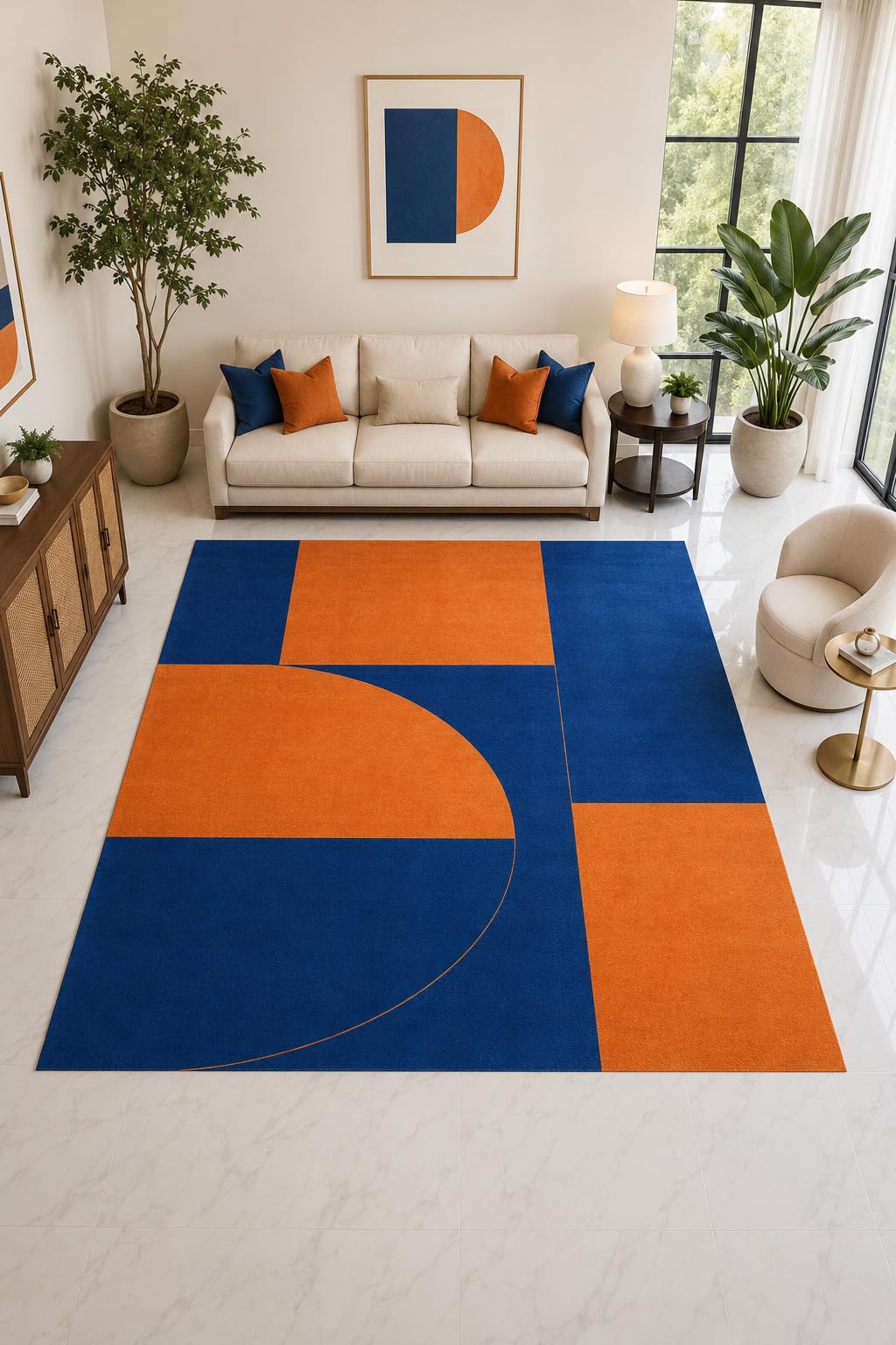 ICE ARMOR "Ultra Light Weight Large 6'7" x 9'10" Blue Orange Geometric Rug, Soft Low Pile Indoor Rug, Non-Slip Silicone Backing for Living Room Blue