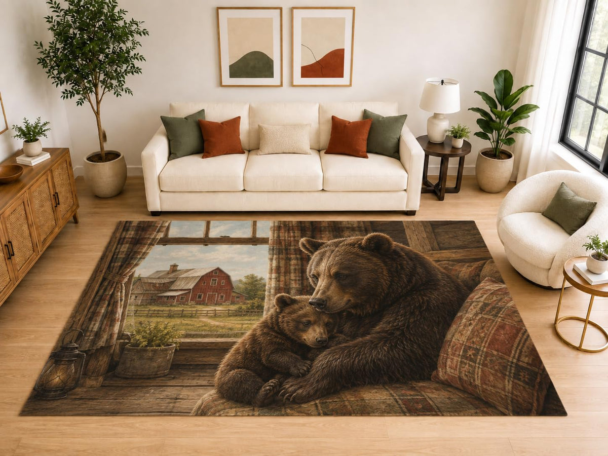 ICE ARMOR "Ultra Light Weight Large 6'7" x 9'10" Bear Cub Farmhouse Area Rug, Soft Low Pile Indoor Rug, Non-Slip Silicone Backing, Family Room, Brown