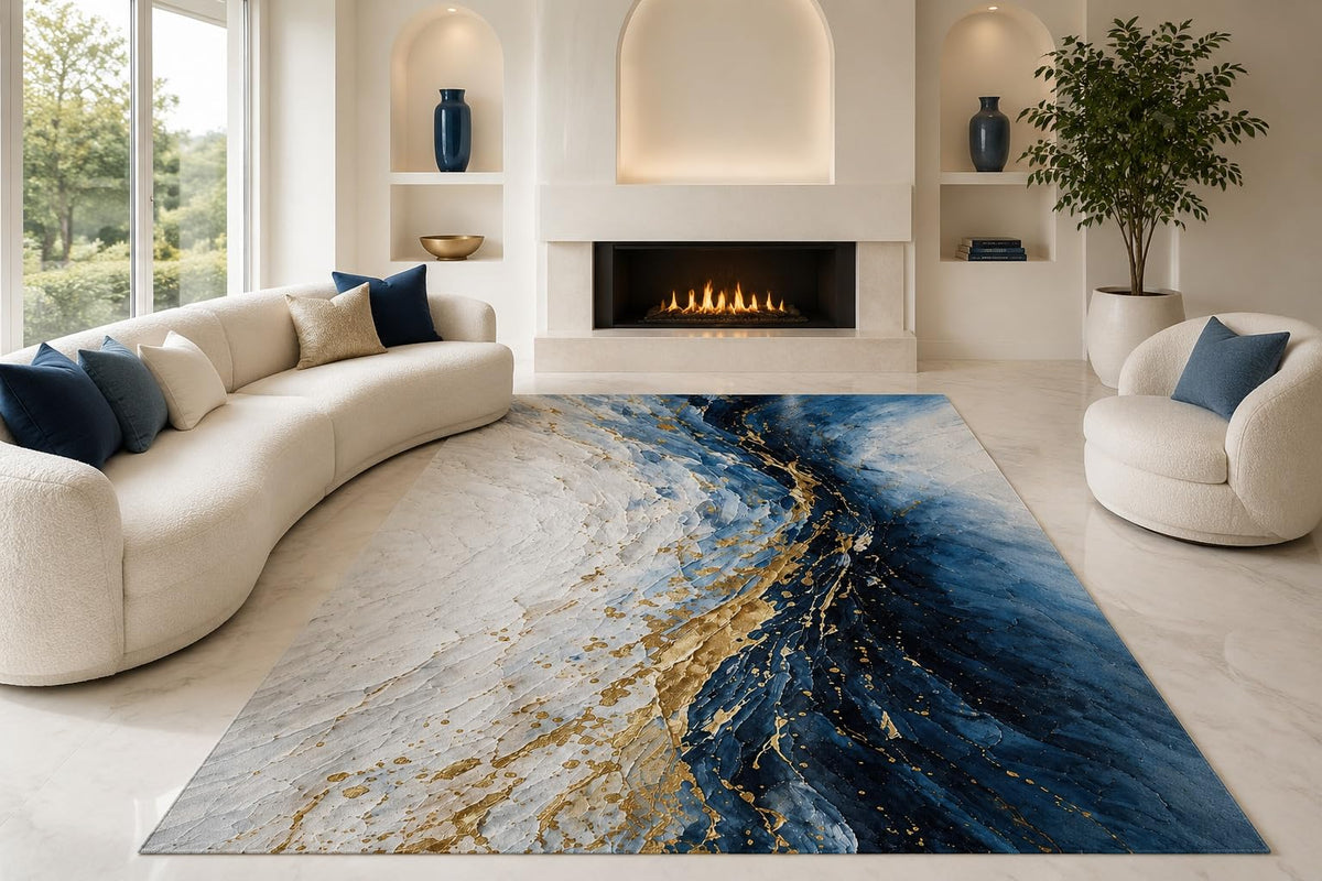 ICE ARMOR "Ultra Lightweight Large 6'7" x 9'10" Marble Ocean Waves Area Rug for Living Room, Bedroom and Home Office, Soft Low Pile Carpet with Non-Slip Silicone Backing, Blue and Cream