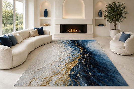 ICE ARMOR "Ultra Lightweight Large 6'7" x 9'10" Marble Ocean Waves Area Rug for Living Room, Bedroom and Home Office, Soft Low Pile Carpet with Non-Slip Silicone Backing, Blue and Cream