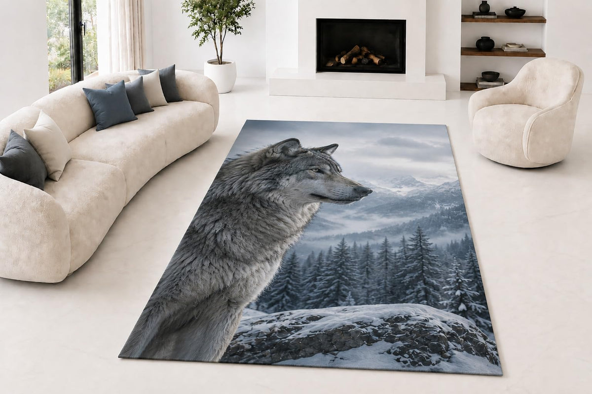 ICE ARMOR "Ultra Lightweight Large 6'7" x 9'10" Howling Wolf Mountains Area Rug for Living Room, Bedroom and Home Office, Soft Low Pile Carpet with Non-Slip Silicone Backing, Gray and Blue