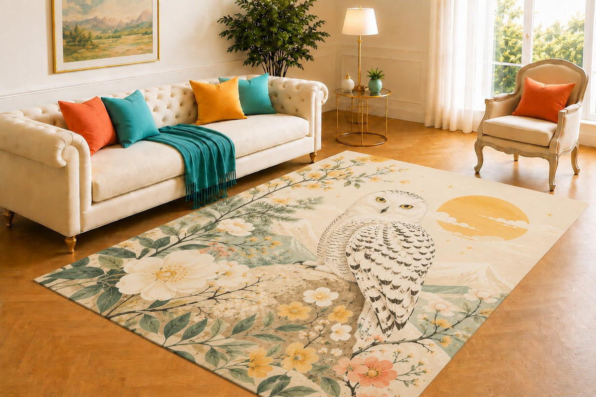 ICE ARMOR 5' x 7' Snowy Owl Area Rug, Winter Forest Wildlife Design, Soft Low Pile Rug with Non-Slip Silicone Backing for Living Room, Bedroom, Office